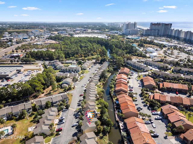 bird's eye view with a water view