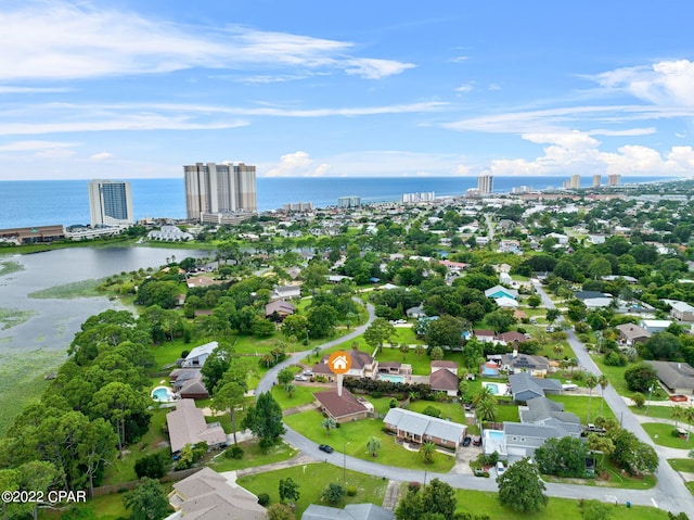 drone / aerial view with a water view