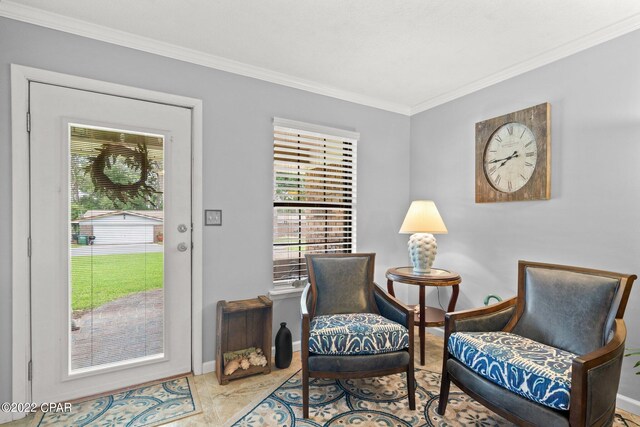 living area featuring crown molding and plenty of natural light