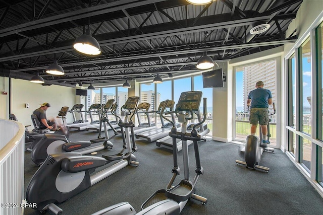 workout area with carpet flooring