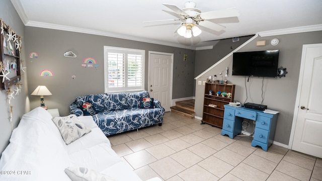 tiled living room featuring crown molding and ceiling fan