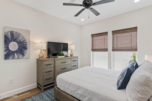 17674 Front Beach Rd Unit 10Units, Panama City Beach, FL 32413 - bedroom with dark wood-style flooring, baseboards, recessed lighting, and a ceiling fan