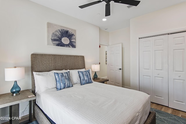 17674 Front Beach Rd Unit 10Units, Panama City Beach, FL 32413 - bedroom with ceiling fan, a closet, recessed lighting, and wood finished floors