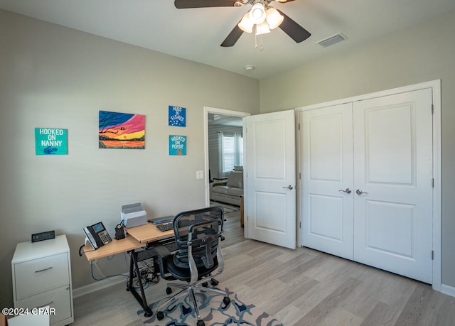 home office with ceiling fan and light wood-type flooring