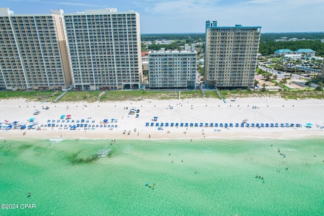 aerial view with a view of the beach and a water view