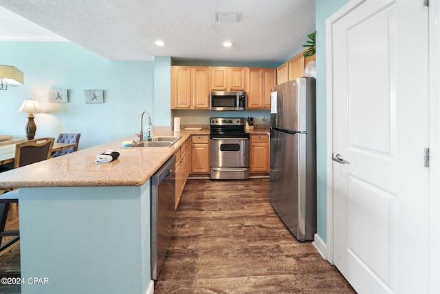 kitchen with a kitchen bar, sink, dark hardwood / wood-style flooring, appliances with stainless steel finishes, and light brown cabinetry