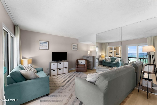 living room with a textured ceiling and light hardwood / wood-style floors