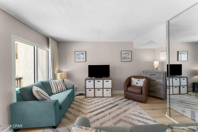 living room featuring light hardwood / wood-style floors and a textured ceiling