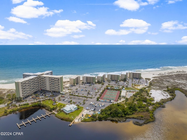 aerial view with a view of the beach and a water view