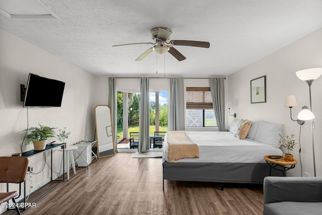 bedroom featuring ceiling fan, multiple windows, and hardwood / wood-style flooring