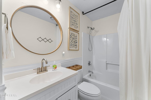 full bathroom with vanity, shower / bathtub combination with curtain, and toilet