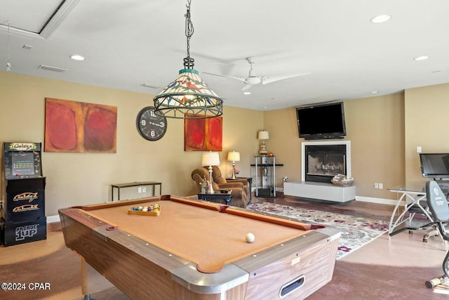 game room featuring ceiling fan and pool table