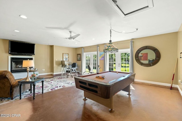 playroom featuring ceiling fan, french doors, and pool table