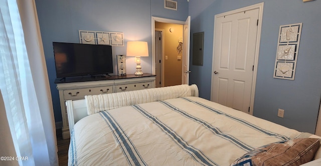 bedroom with electric panel, visible vents, and wood finished floors