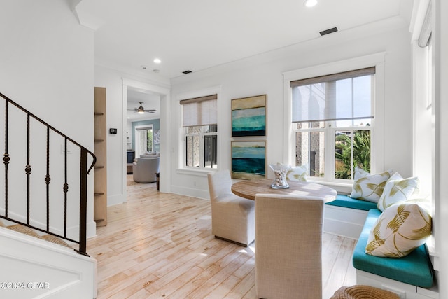 living room featuring ceiling fan, light hardwood / wood-style floors, and ornamental molding