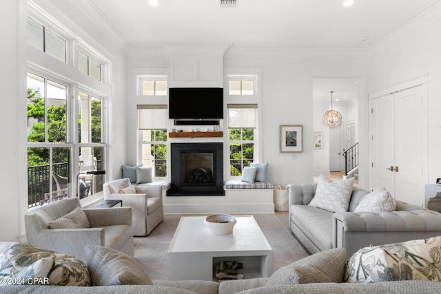 living room with crown molding