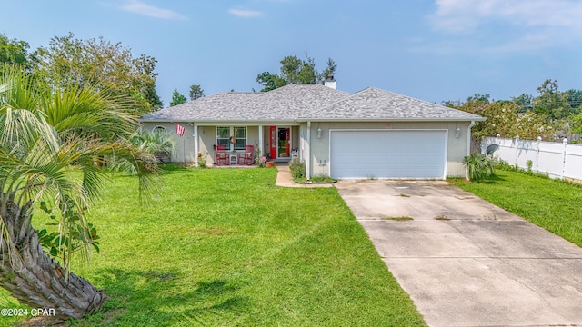 ranch-style home featuring a front lawn, covered porch, and a garage