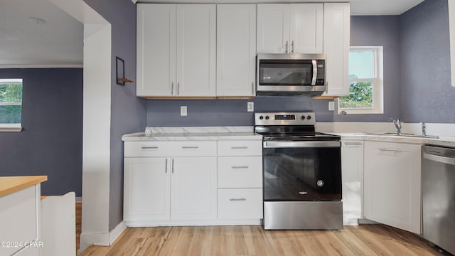 kitchen featuring sink, light hardwood / wood-style floors, a healthy amount of sunlight, and stainless steel appliances