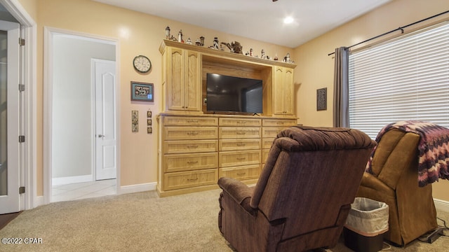 living room featuring light colored carpet