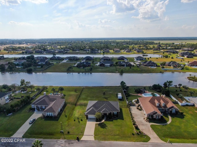 aerial view featuring a water view