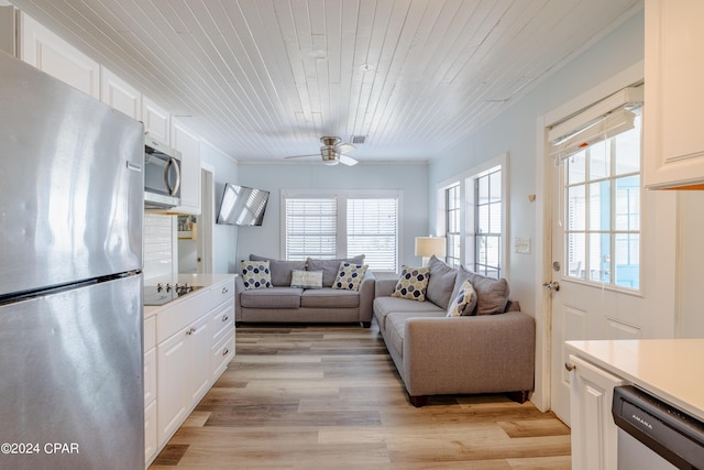 living room with ceiling fan, wooden ceiling, and light hardwood / wood-style flooring