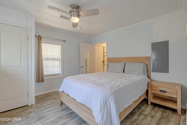 bedroom with crown molding, electric panel, ceiling fan, and wood-type flooring