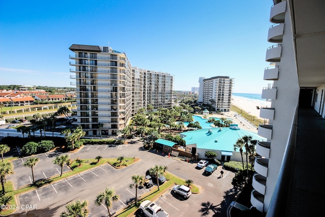 exterior space with a water view