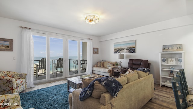 living room featuring a water view and wood-type flooring