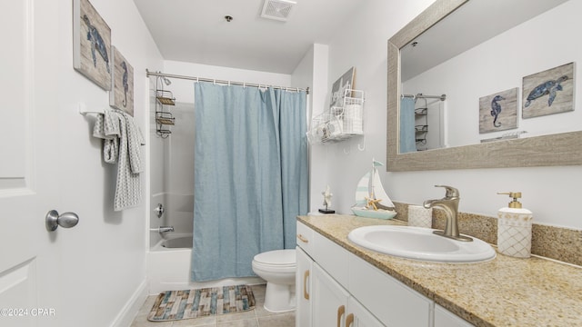 full bathroom with vanity, shower / bathtub combination with curtain, tile patterned floors, and toilet