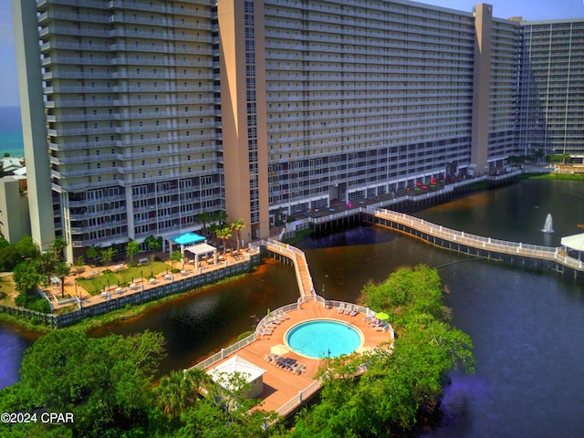 exterior space with a water view