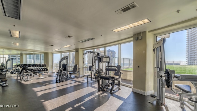 exercise room with a view of city, visible vents, and plenty of natural light