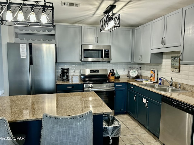 kitchen with stainless steel appliances, tasteful backsplash, visible vents, and a sink
