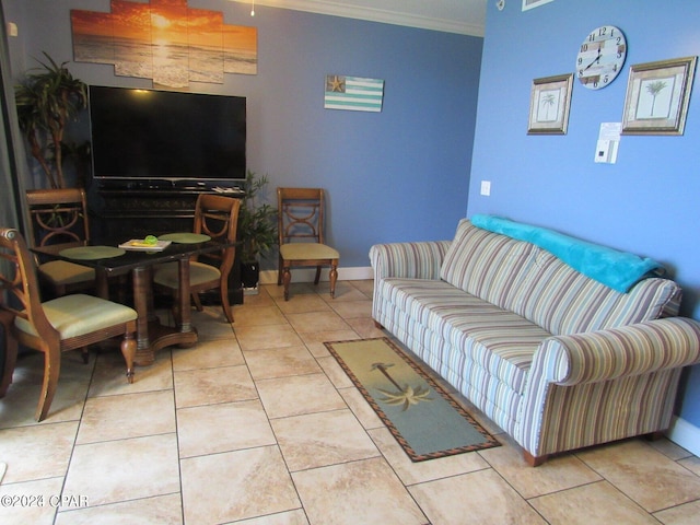 tiled living room featuring crown molding