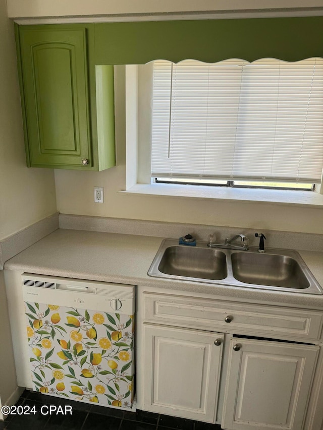 kitchen featuring green cabinets, white cabinetry, white dishwasher, dark tile patterned floors, and sink