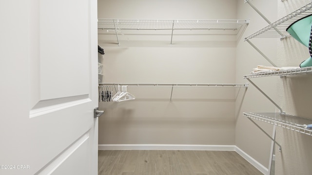 walk in closet with light hardwood / wood-style floors