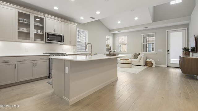 kitchen featuring gray cabinets, appliances with stainless steel finishes, sink, light hardwood / wood-style floors, and a center island with sink