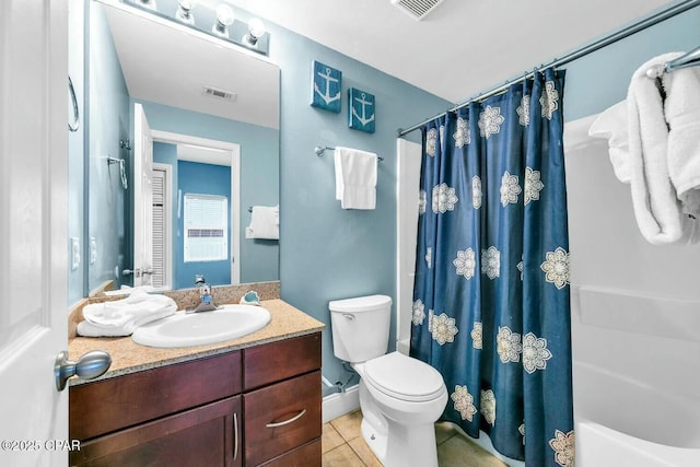 full bathroom featuring vanity, tile patterned floors, toilet, and shower / bathtub combination with curtain