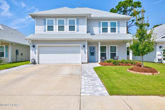 view of front of property featuring a garage, concrete driveway, a front yard, and a shingled roof