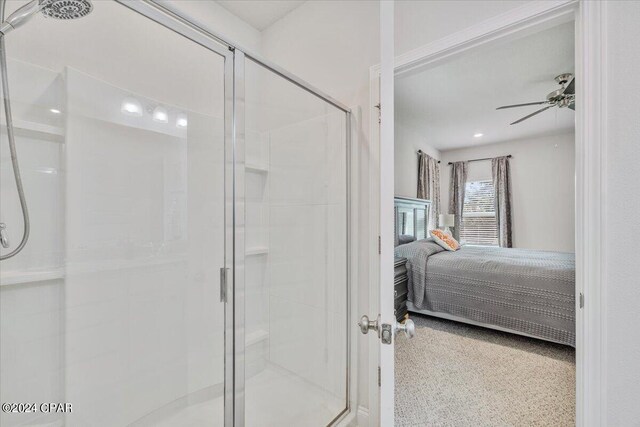 ensuite bathroom with a stall shower, ensuite bath, and a ceiling fan