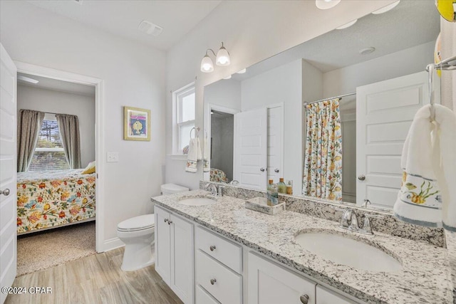 ensuite bathroom featuring a sink, connected bathroom, toilet, and double vanity