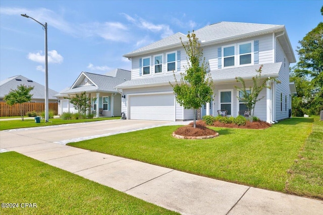 view of front of house featuring a garage, a front lawn, driveway, and fence