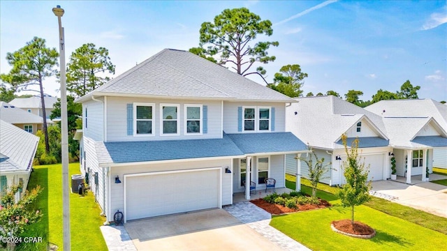 traditional-style house with central air condition unit, a front lawn, driveway, and a shingled roof