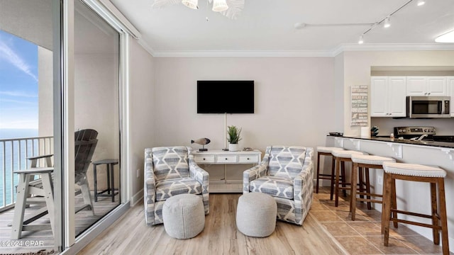 living room with light hardwood / wood-style flooring, ornamental molding, rail lighting, and a water view