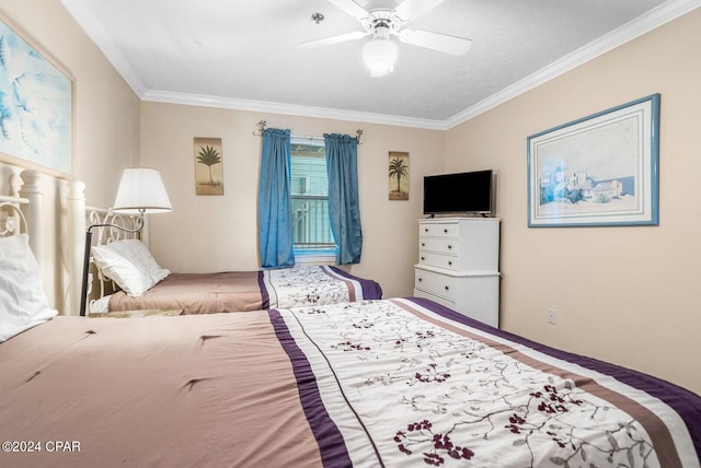 bedroom with a textured ceiling, ceiling fan, and ornamental molding