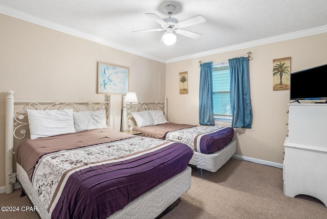 bedroom with ceiling fan, ornamental molding, a textured ceiling, and light colored carpet