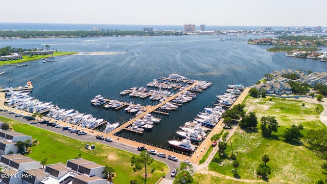 drone / aerial view with a water view