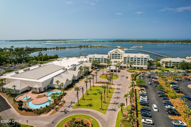 bird's eye view with a water view