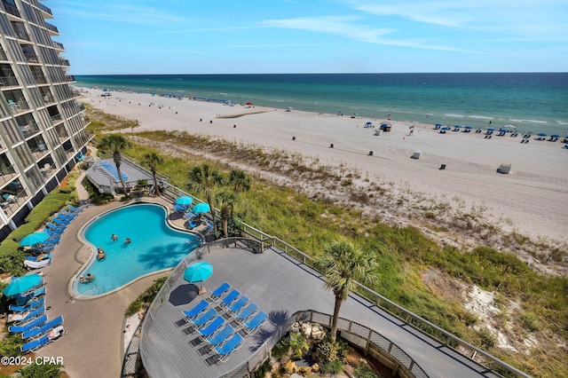 bird's eye view with a view of the beach and a water view