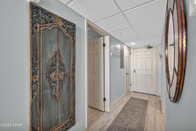 corridor featuring light hardwood / wood-style flooring and a drop ceiling