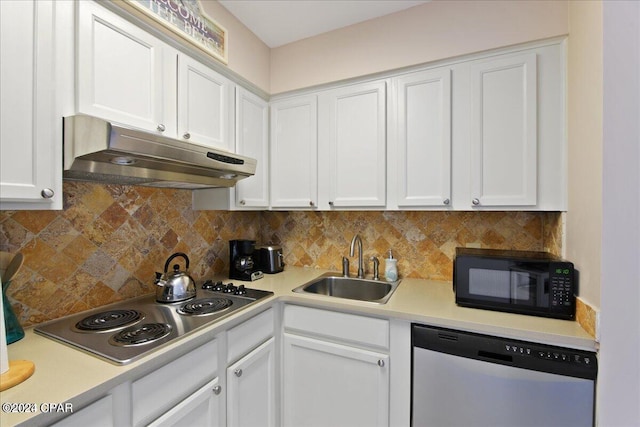 kitchen with white cabinetry, cooktop, sink, stainless steel dishwasher, and tasteful backsplash